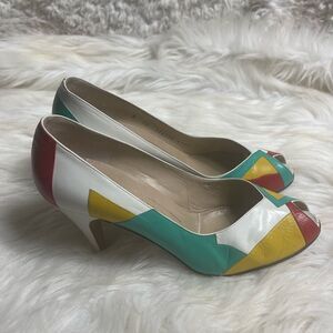 Bruno Magli leather multi color patchwork slip on heels peep toe size 7.5